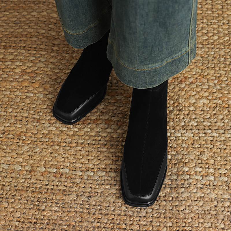 Krazing Pot Cow Suede Nubuck Autumn Winter Shoes Thick Heels Size 42 Square Toe Zipper Vintage Ankle Boots