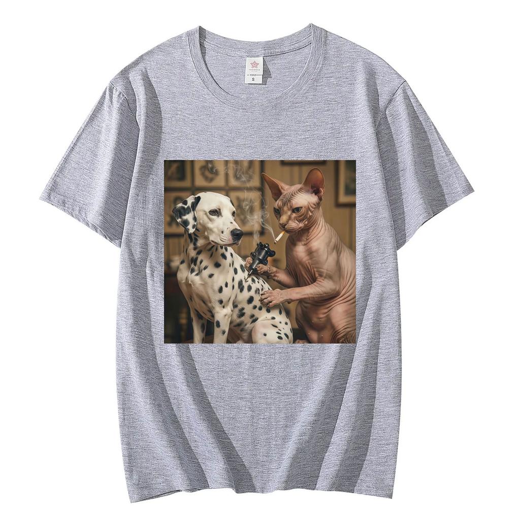 Cat Tattoo Dog Pure Cotton Printed Mens And Womens Clothing Fashionable Loose Short Sleeved New Personalized Casual Tshirt