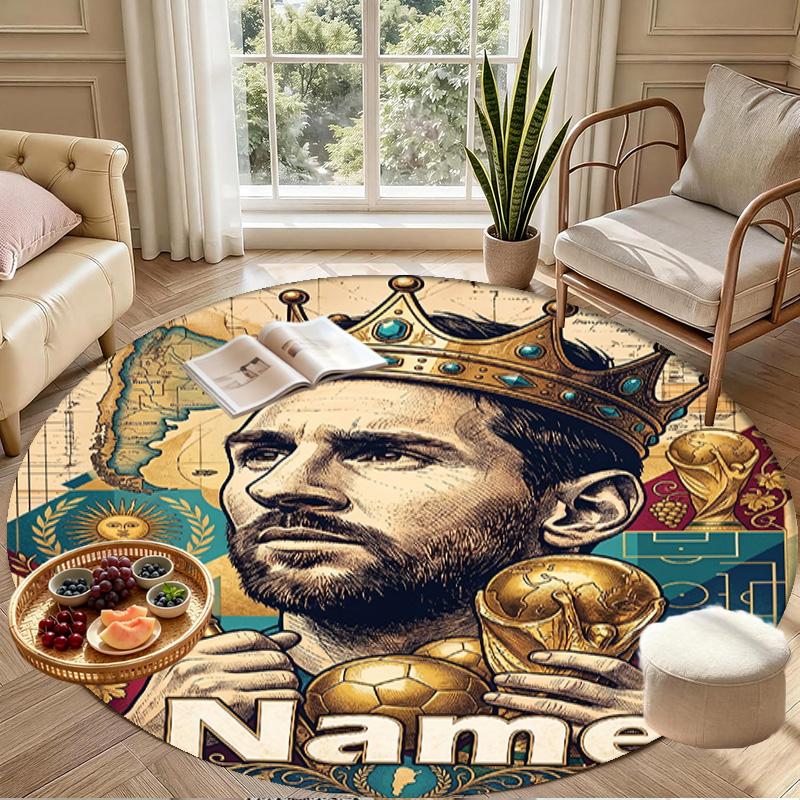 Custom Name Personalized Leo Messi Print Round Rug, Versatile Home Decor Carpet, for Playroom, Apartment, Balcony, Entryway, Hallway Gift
