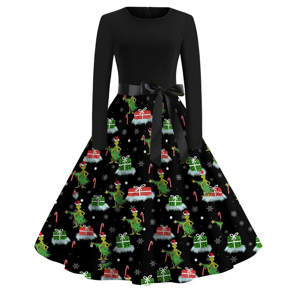 Женское повседневное рождественское платье с круглым вырезом и широкими рукавами, облегающее платье