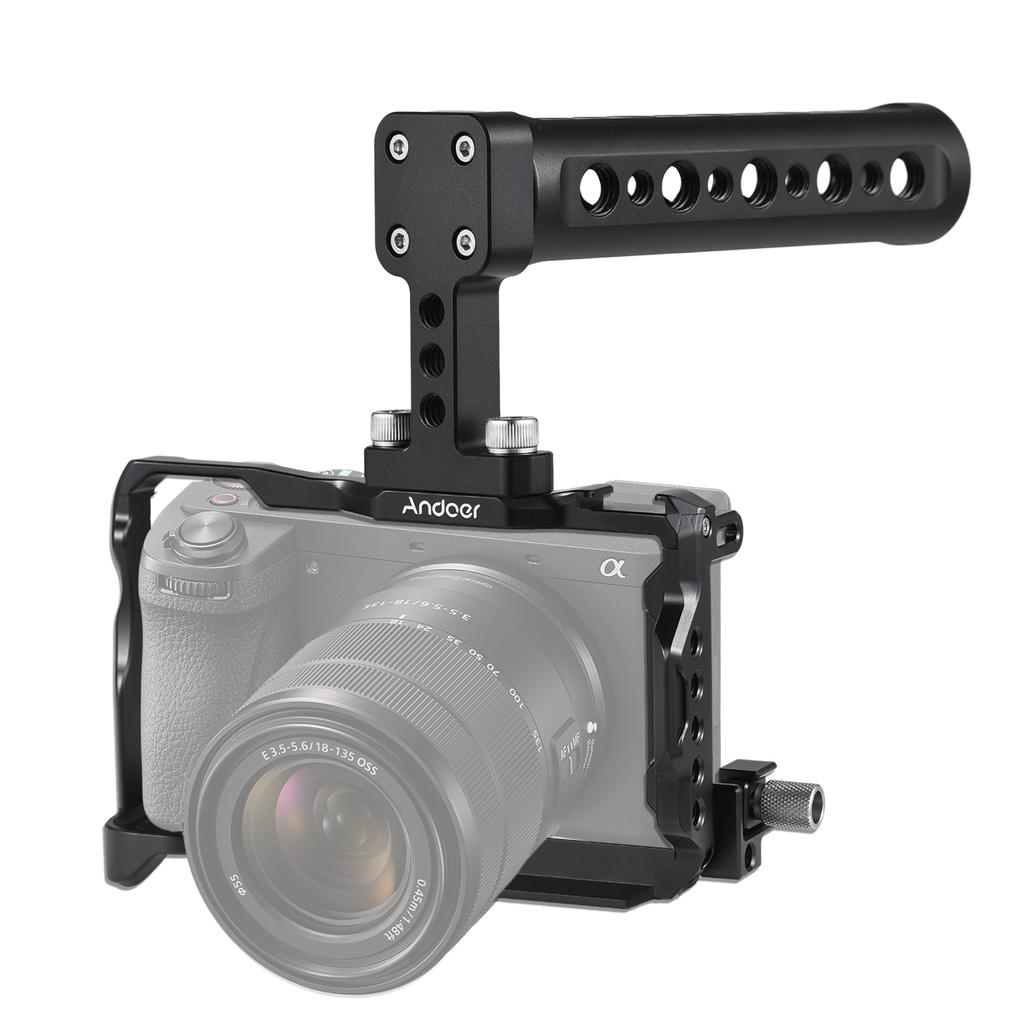Andoer Camera Cage + Top Handle Kit Aluminum Alloy Camera Video Cage with Magnetic Wrench Slot Cold Shoe Mount Arca