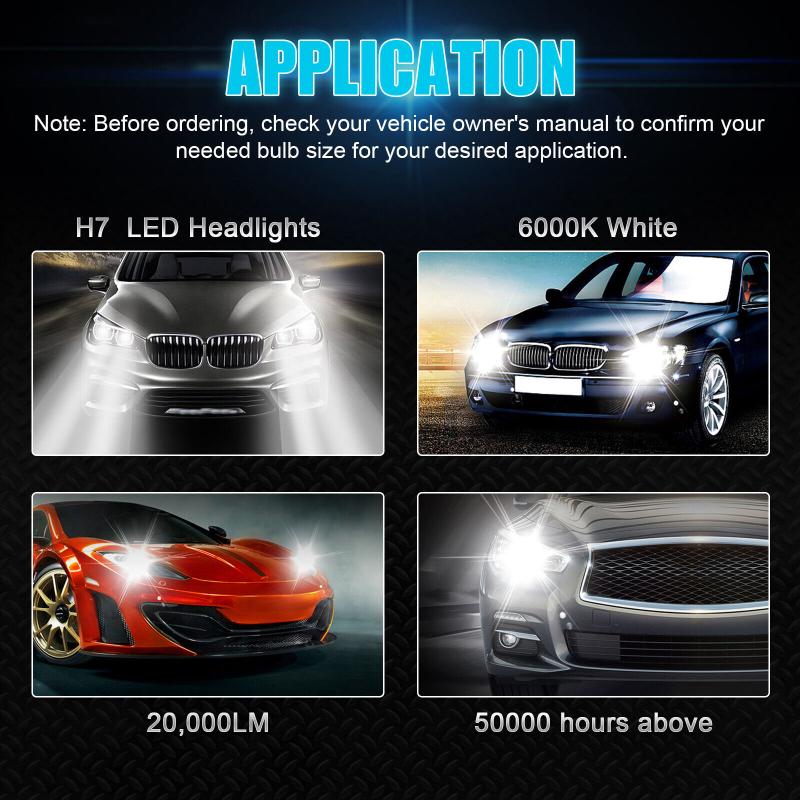 2pcs H7 Led Headlight Bulb Kit High Low Beam 160w 20000lm Super Bright 6000k White Car Headlamp