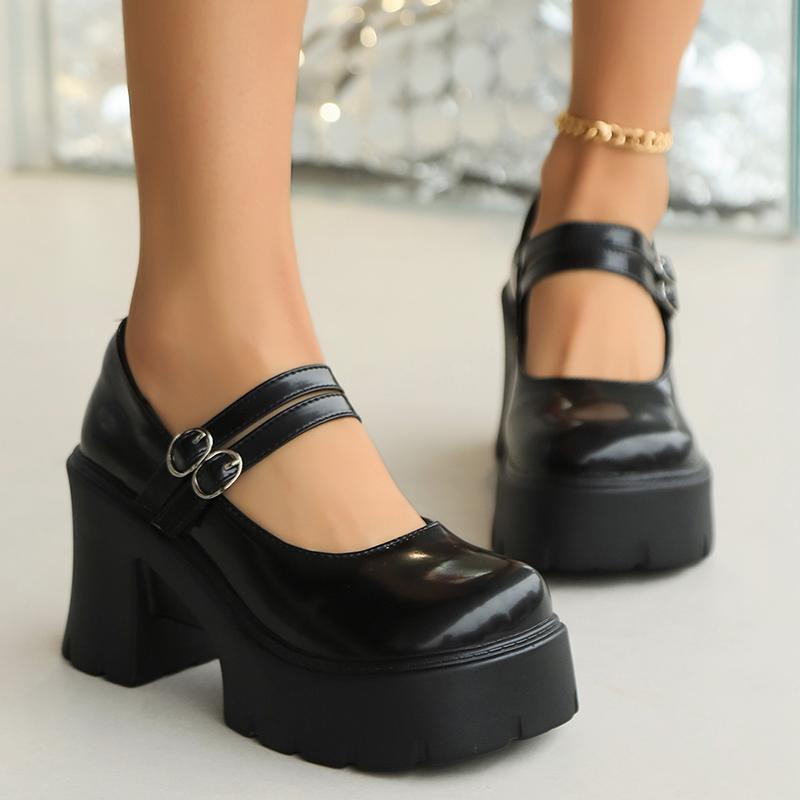 Модные туфли Мэри Джейн на высоком каблуке для женщин Белые лакированные туфли на платформе с ремешком на щиколотке Женские туфли на толстом каблуке