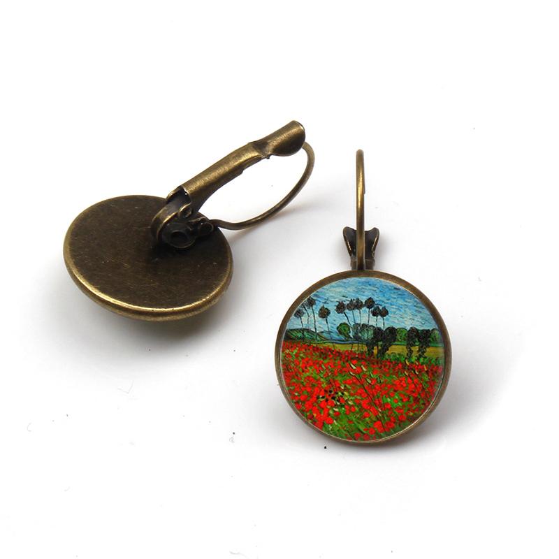 Fashion Flower Printed Famous painting Earring Jewelry Ethnic Big Round Gogh starry night Dangle Earrings Women Wedding Ohrringe