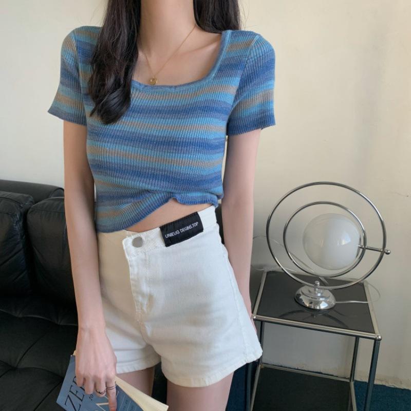 Вязаный топ с квадратным вырезом и короткими рукавами для женщин, летний, облегающий, шикарный, нишевый, короткий, трендовый, повседневный, летний базовый, комфорт и стиль, облегающий крой, пуловеры, футболки