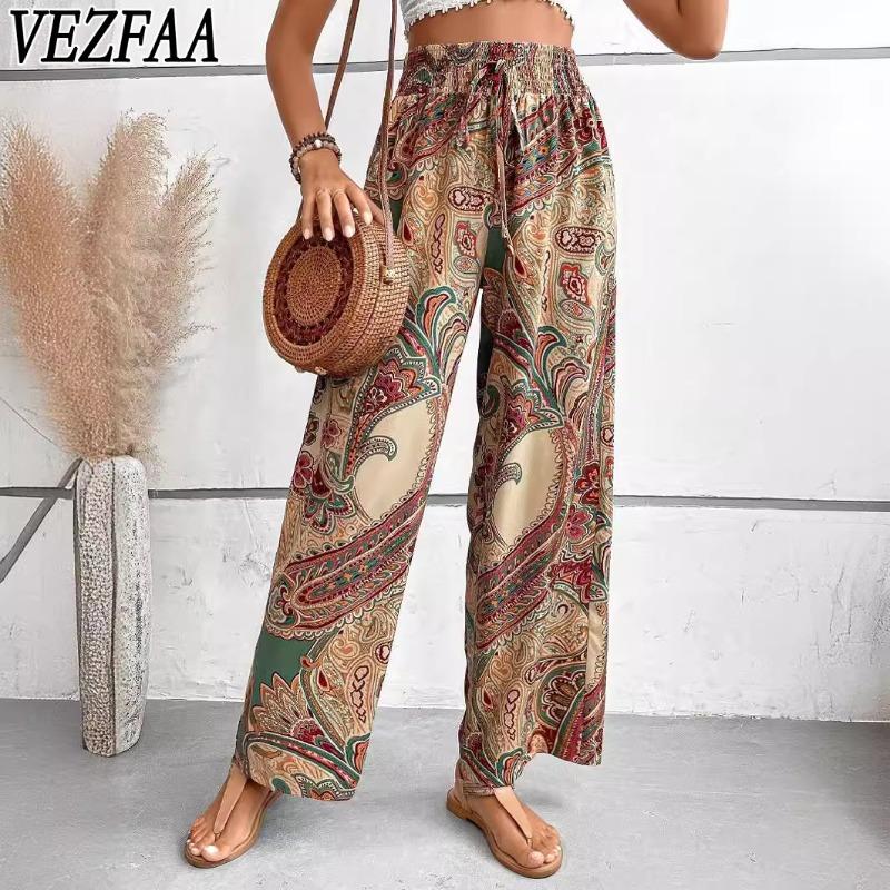 VEZFAA Женские модные повседневные брюки с цветочным принтом и высокой талией, брюки и капри