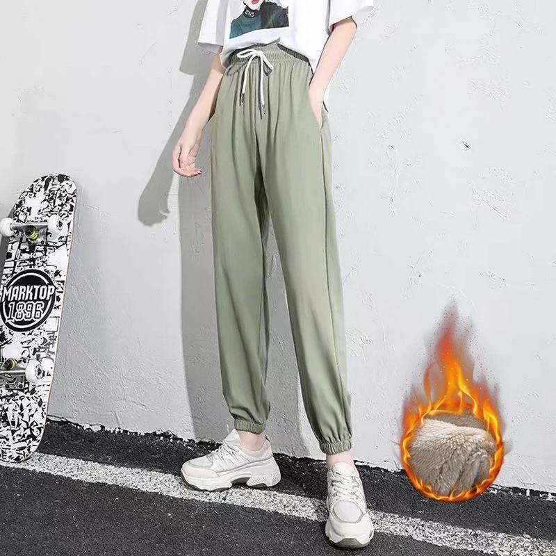 2025 Модные женские зимние теплые длинные брюки из флиса, плотные леггинсы, однотонные, больших размеров, эластичные, на шнуровке, повседневные спортивные брюки, шаровары, повседневные брюки