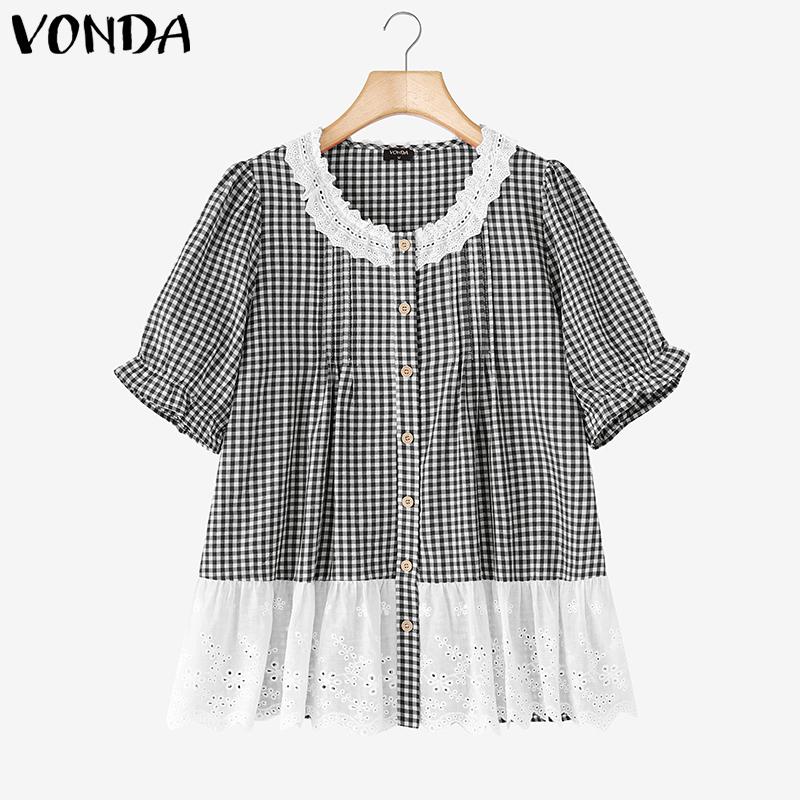 VONDA Women Short Sleeve Plaid Lace Crochet Ruffled Casual Blouse