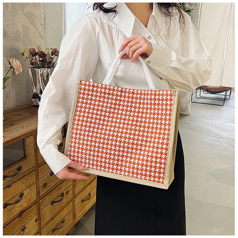 Льняная клетчатая сумка, большая вместительная клетчатая сумка для покупок, простая модная женская сумка через плечо
