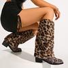 Сапоги до колена из искусственного меха с леопардовым принтом Женские Зимняя мода Теплые Плюшевые Длинные Сапоги Женские Слипоны Массивный Каблук Акула Botas De Mujer