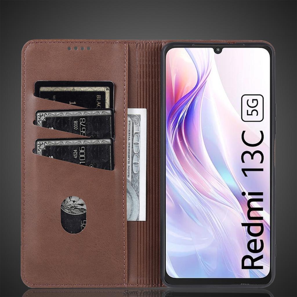 Роскошный магнитный адсорбционный кожаный чехол для Xiaomi Redmi 13C 5G / Redmi 13R 5G Flip Cover Защитный чехол Fundas Coque