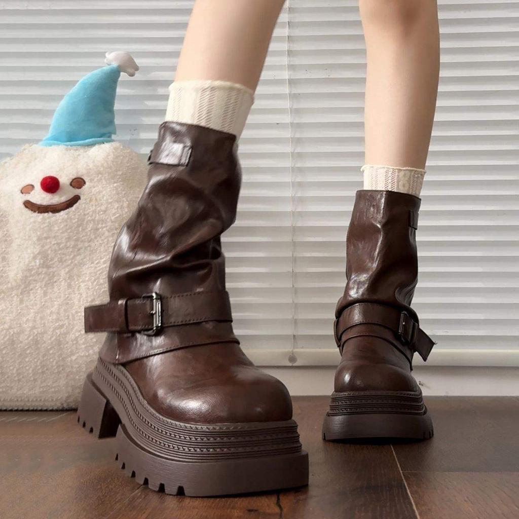 Женские ботильоны-трубы средней высоты на толстой подошве Maillard 2025 новая британская ретро-мода плиссированные ботинки Мартин осень женские