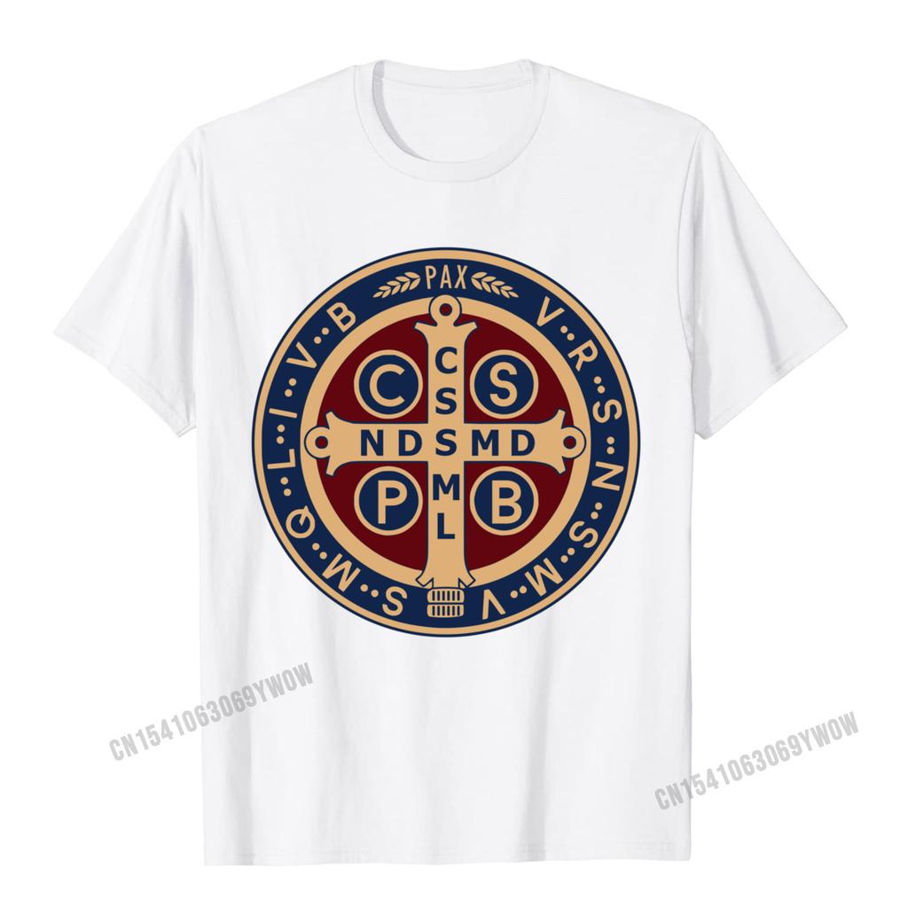 The Saint Benedict Medal Catholic Pullover Tees Camisas Men Slim Fit Mens T Shirt Printed T Shirt Cotton Geek