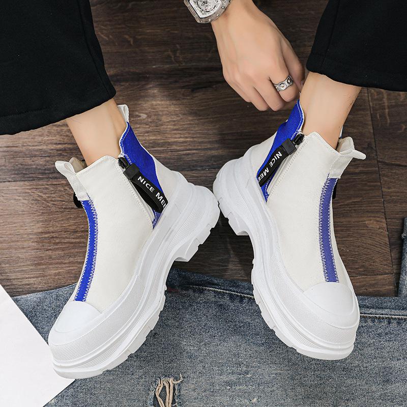 Высокие ботинки на толстой подошве Мужская обувь на весну-осень Дышащие Повседневные Ботинки Челси Мужские Трендовые Канвасовые Кроссовки с боковой молнией