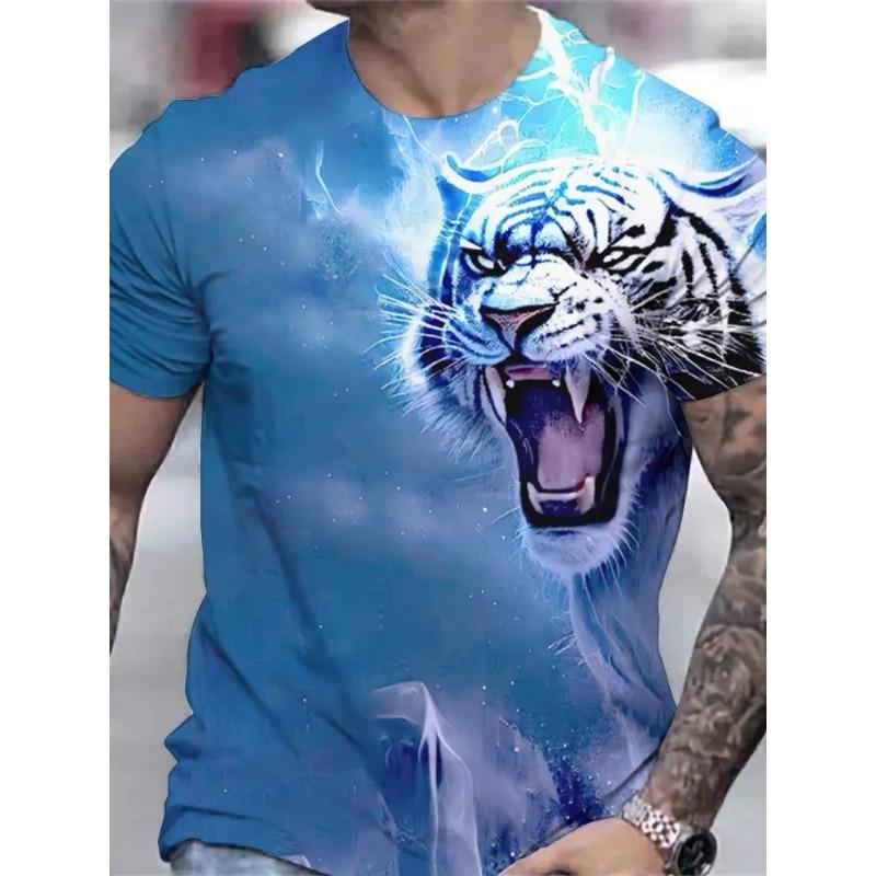 Summer Round Neck 3D Tiger Print Top Fashionable Casual Short Sleeved Men's T-shirts