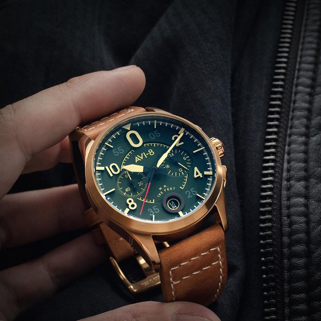 AVI-8 Мужские часы с хронографом Spitfire Lock, кожаный ремешок, бронзовый, зеленый циферблат, кварцевые AV-4089-02