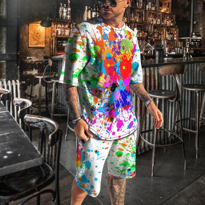 3D Print Multicolor Pattern Summer Men Tracksuits Short Sleeve T-Shirt Suit Fashion Sports 2 Piece Tracksuit Male Clothes