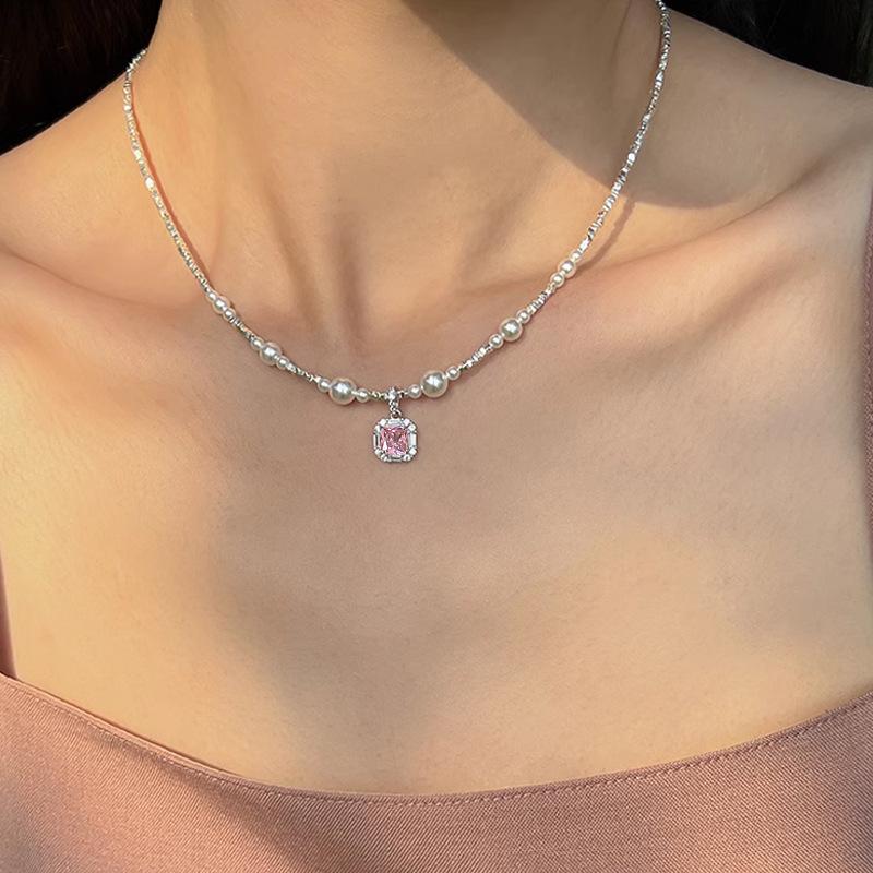 Подвеска из розового циркония, сломанное серебро, жемчужное ожерелье, изысканная женская индивидуальность, модный темперамент, универсальная цепочка на шею, цепочка на ключицу.