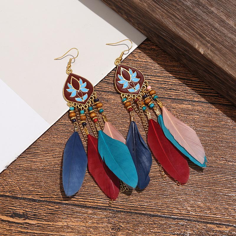 Bohemian Feather Long Earrings Personalized Chain Fringed Ear Hook Red Earrings