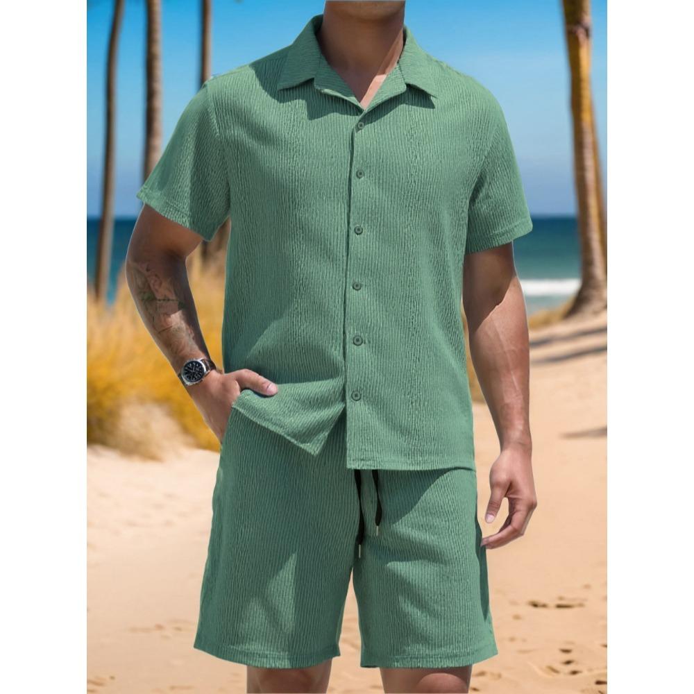 Men’s Shirt, Casual Loose-fit Short-sleeved Top and Shorts Beach Set