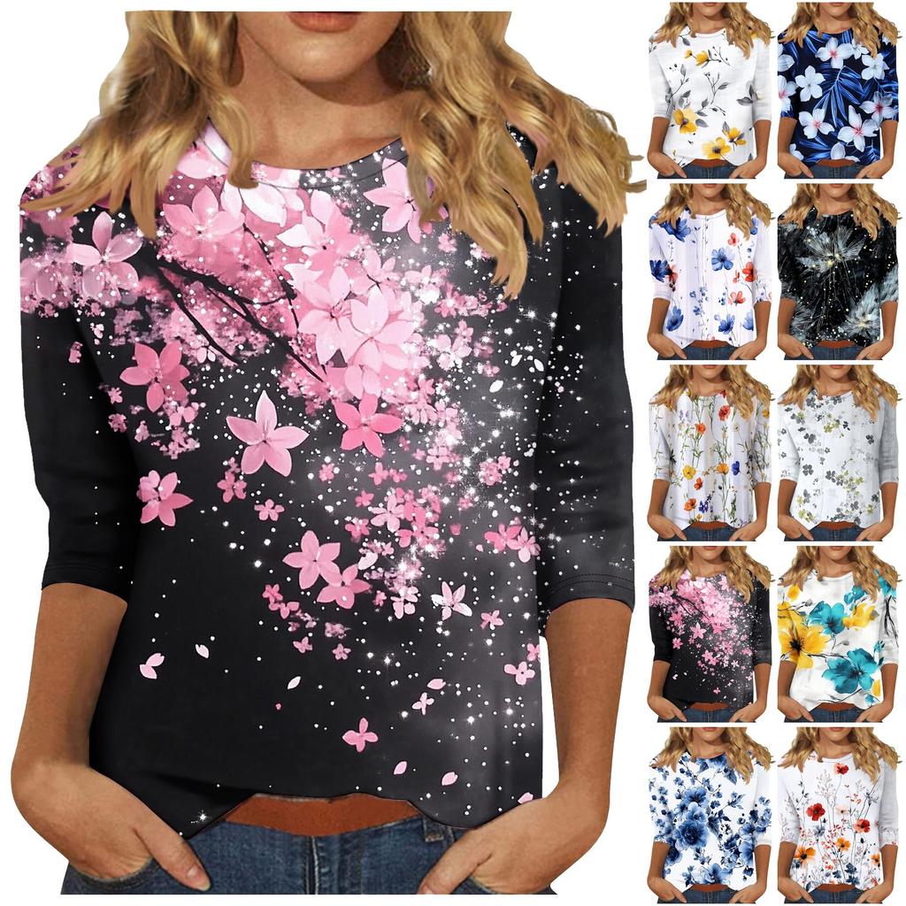 Женская мода повседневная три четверти рукава цветочный принт горловина топ