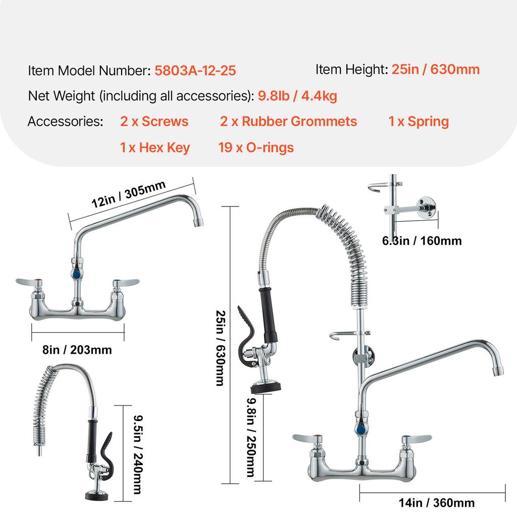 VEVOR Commercial Faucet with Pre-Rinse Sprayer, 25" (63.5 cm) Height, 8" (20.3 cm) Center, 12" (30.5 cm) Swing Spout
