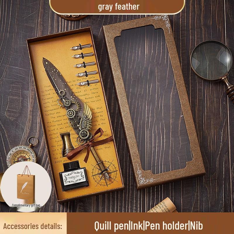 European Steampunk Quill and Ink Set with Wax Seal - Retro Fountain Pen Gift Box for Birthdays