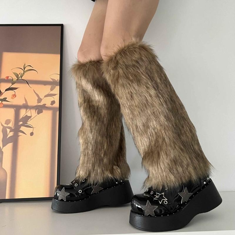 Womens Furry Party Costume Sexy Y2K Faux Furs Fuzzy Long Boots Shoes Cuffs Cover Leg Warmers/Boot Sleeves/Boot Covers