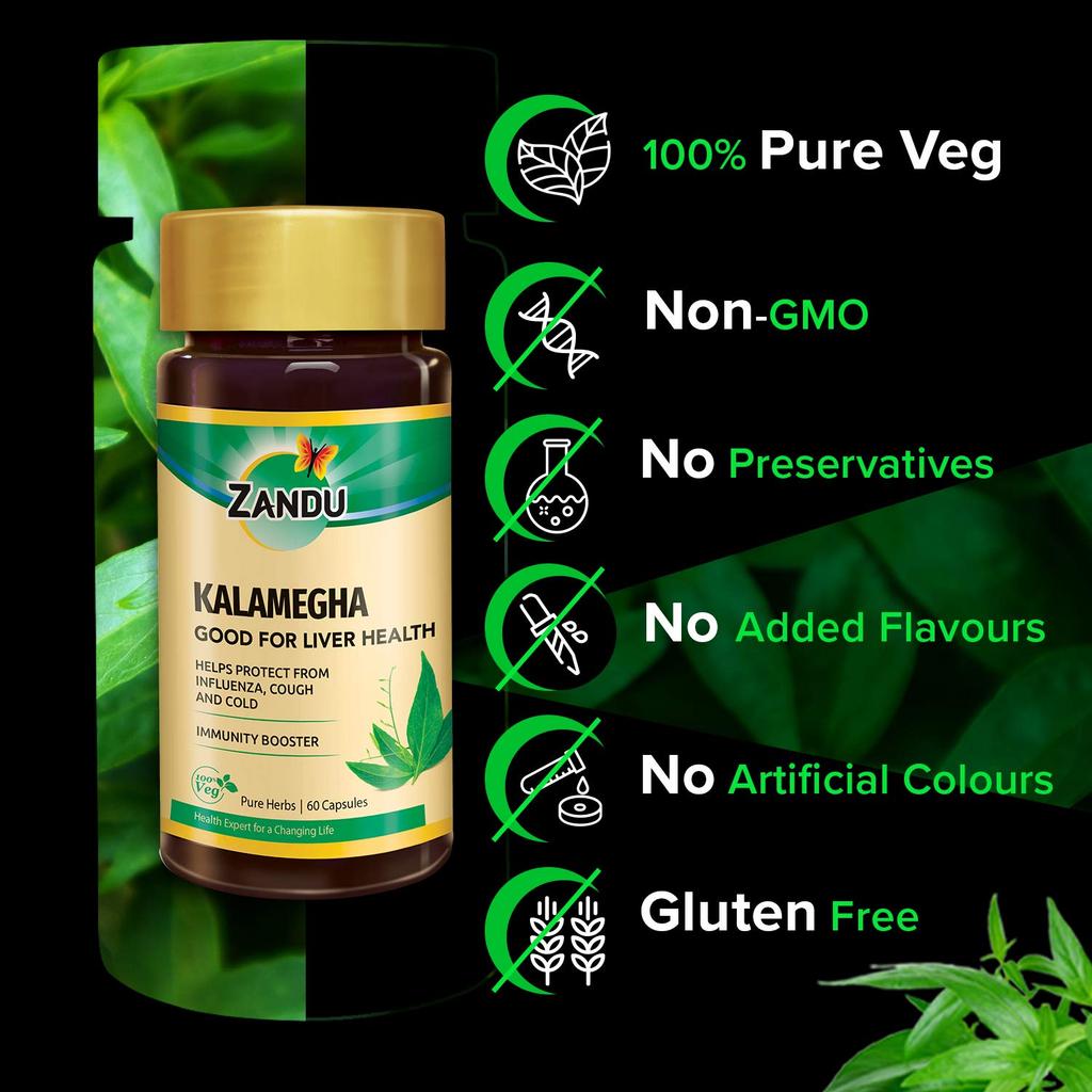 Zandu Kalamegha Ayurvedic Capsules for Liver Support, Immunity Boost, Cold & Cough Protection, Overall Health, 60 Capsules