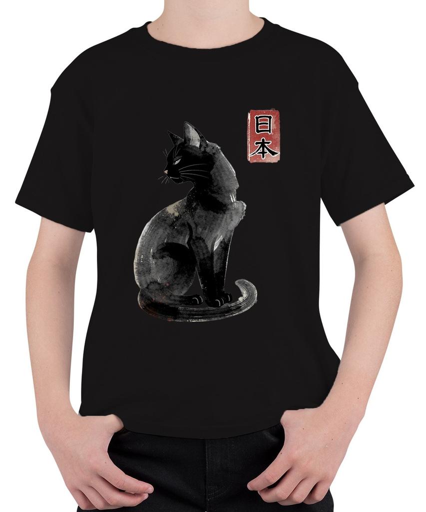 Japanese Black Cat Kanji Calligraphy Ink Japan Kitten Kids T-Shirt