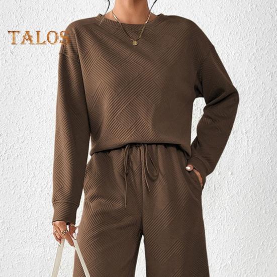 2 шт./комплект женский топ брюки костюм O-образный вырез длинные рукава однотонный спортивный свитшот завязывающийся на резинке талия широкие брюки фитнес-наряд осень весна