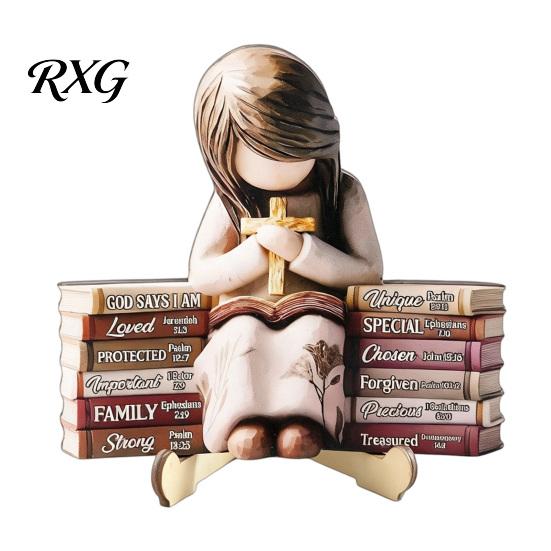 Minimalist Shelf Decor Sculpture Wooden Reading Girl Figurine, Stable Pastoral Style Statue Desktop Base Craft Decor, Artistic Healing Ornament,