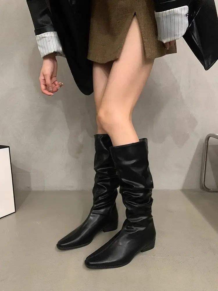 Fashion Stretch Soft Leather Women 2025 High Boots Fashion Pointed Toe Shoes Autumn Winter Thick Heel Ladies Long Booties