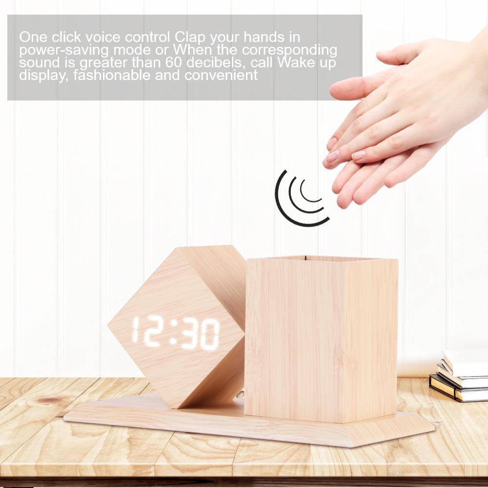 Будильник с температурой светодиодные часы держатель ручки голосовое управление деревянные студенческие светодиодные цифровые на батарейках офисное украшение