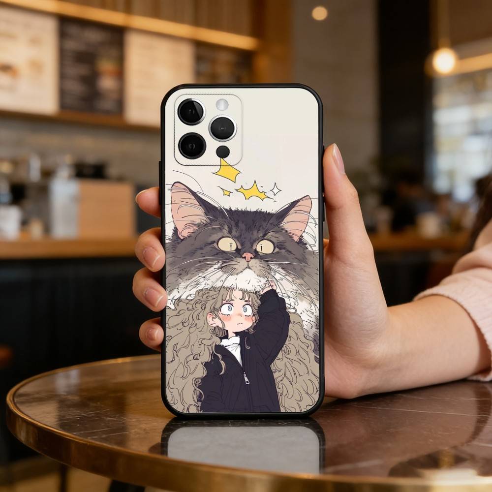 Мультяшный Чехол-Кот A-Art для Телефона iPhone 17,16,15,14,13,12,11 Plus,Pro Max, Мягкий Силиконовый Черный Чехол