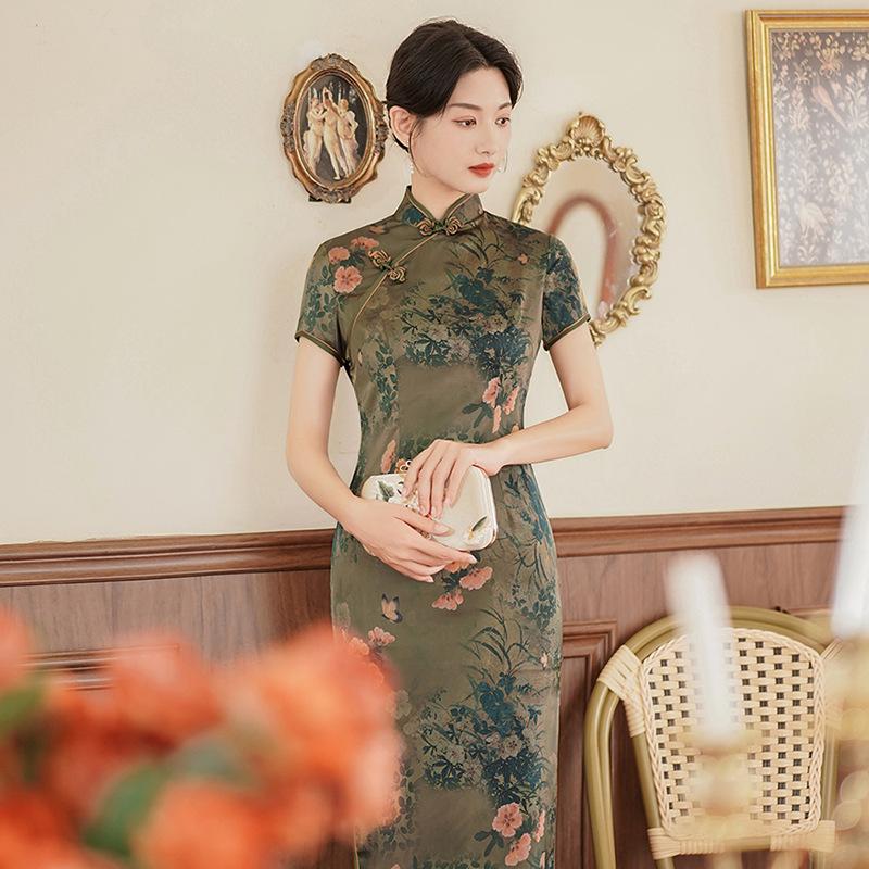 A 1011 spring and summer new cheongsam dress women's silk and satin dress large size slim fashion banquet dress