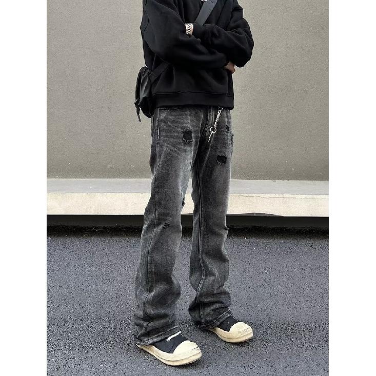 Джинсовые брюки High Street для мужчин, ретро-состаренные, свободные прямые брюки, спортивные брюки с широкими штанинами, модные