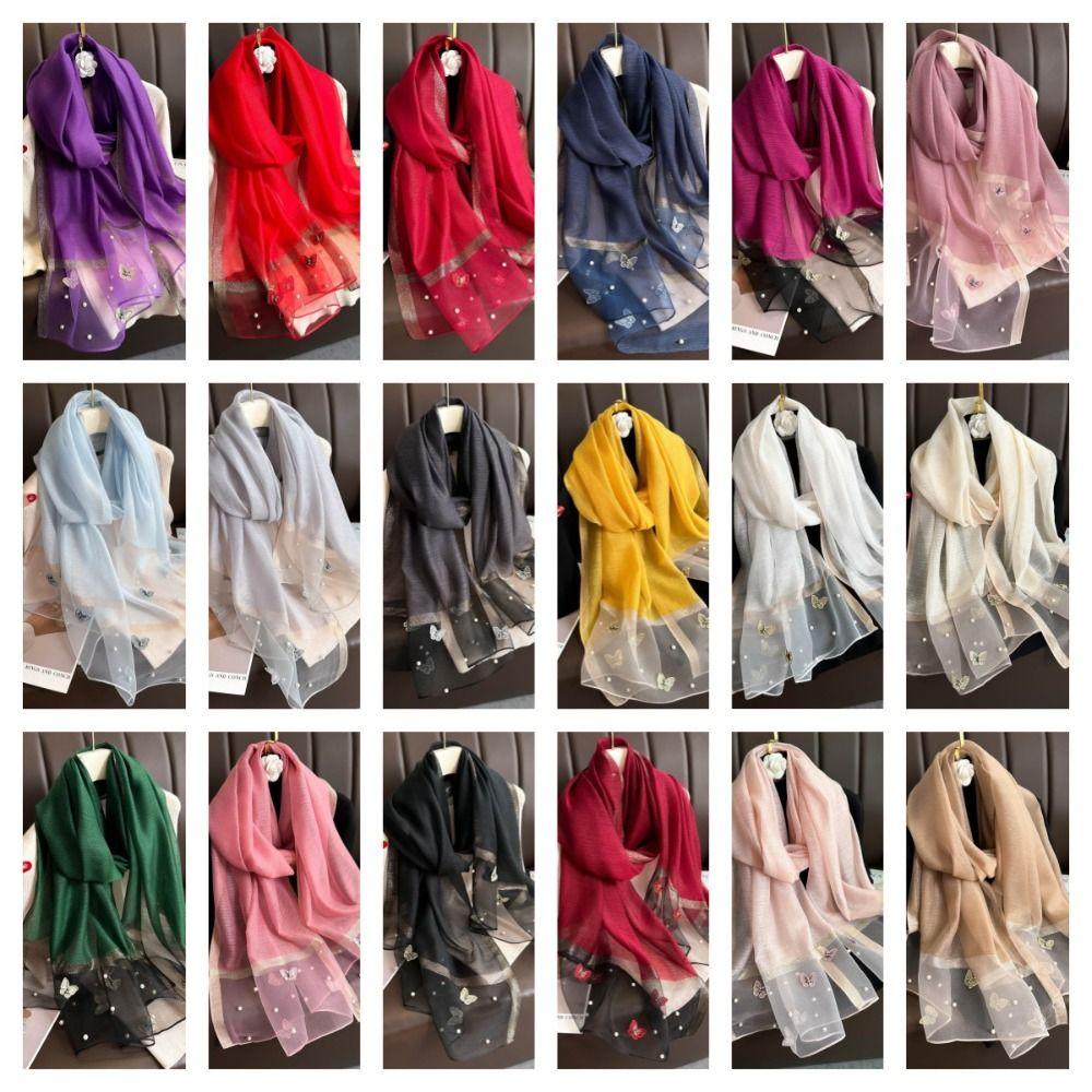 Thin Butterfly Embroidery Scarf Pearl Women Hijab Shawls Elegant Silk Scarf Lady