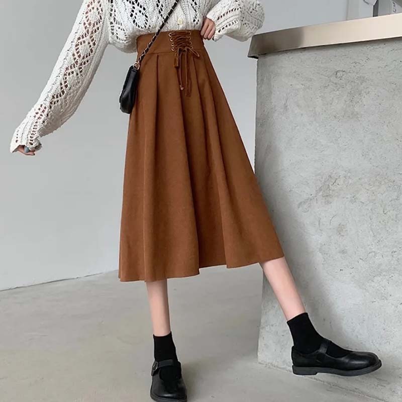 Винтажная женская юбка трапециевидного силуэта с высокой талией, эластичная плиссированная юбка средней длины на шнуровке, весна и осень