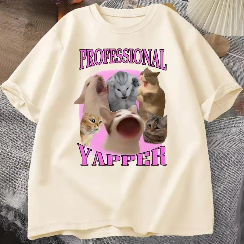 Женские футболки с графикой 'Yapper Cat' Хлопок Короткий рукав Повседневные С круглым вырезом С принтом Уличный стиль Летние топы
