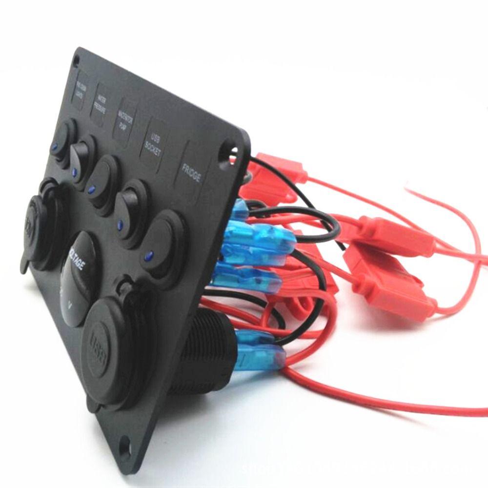 12V/24V Inline Fuse Box Dual USB Socket ON-OFF Toggle For Car 5 Gang Switch Panel Marine