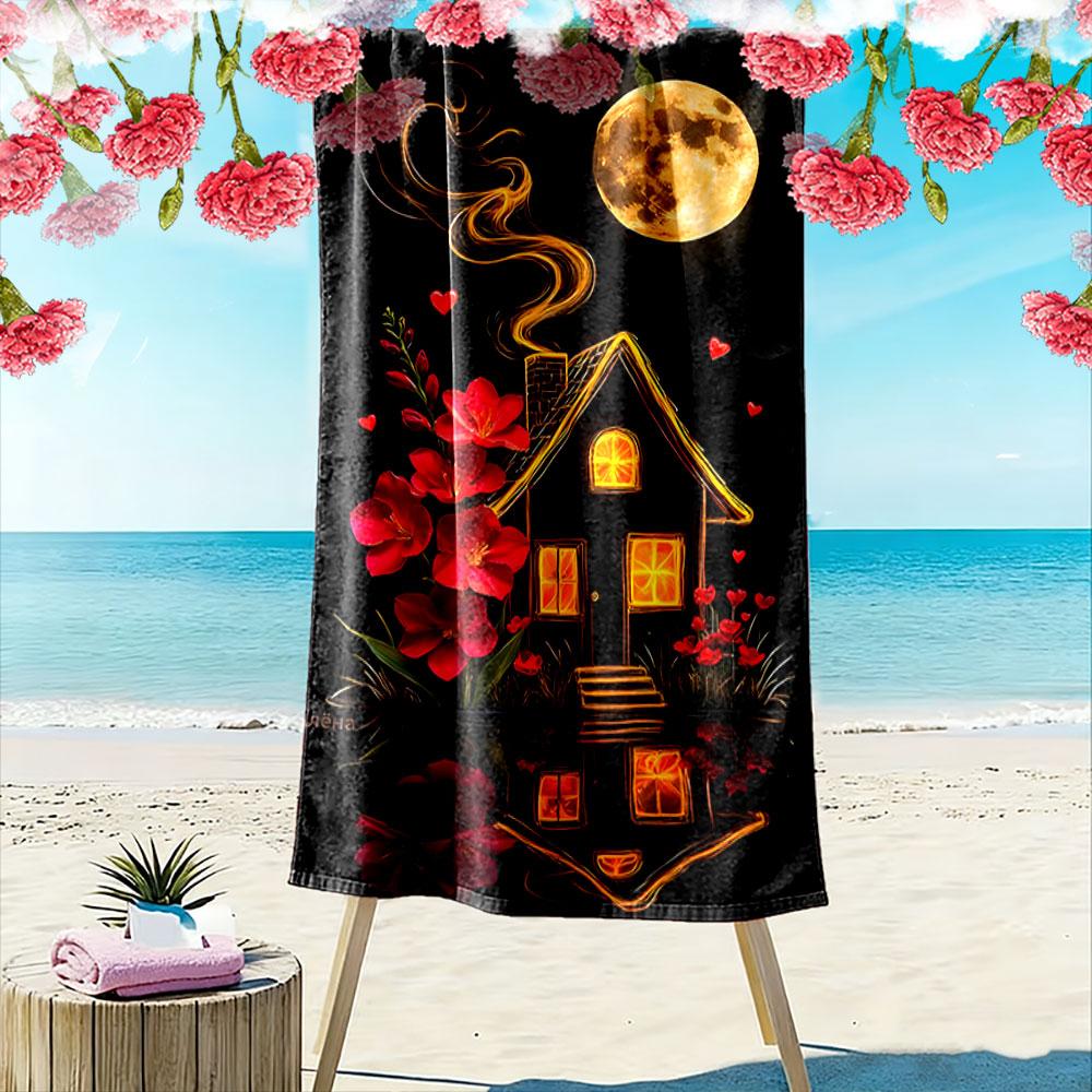 Glowing moonlit cottage dreams Print beach towel, quick drying, suitable for travel, outdoor sports, jogging, the beach and swimming, gift