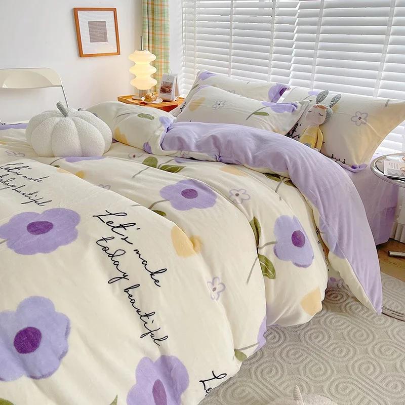 Milk Velvet Floral Duvet Cover, Ultra-Soft Cozy Warm Winter Reversible Plush Comforter Cover, 1 PC Botanical Flower Quilt Cover