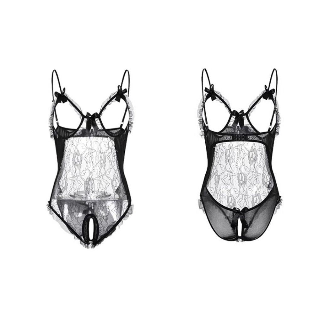 Mesh Hollow Women Underwear Open Crotch Sleeveless Jumpsuits Sweet Lace Bow Bodysuit Home
