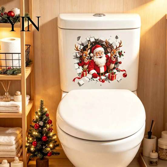 Waterproof Christmas Decals 3D Break Through Wall Santa Reindeer Toilet Sticker, Self-Adhesive Bathroom Accessories Decal, Lid Decor for Home