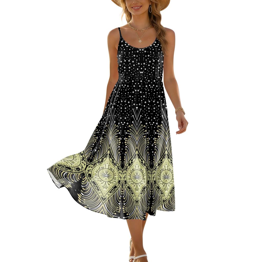 Женское летнее платье-миди без рукавов с цветочным принтом, на регулируемых тонких бретелях, с многоярусной расклешенной юбкой, для повседневной носки