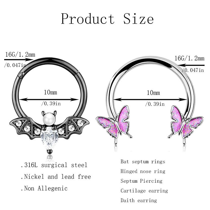 2Pcs 16G Stainless Steel Butterfly Hinged Septum Ring BCR Horseshoe Cartilage Daith Helix Rook Conch Piercing Jewelry