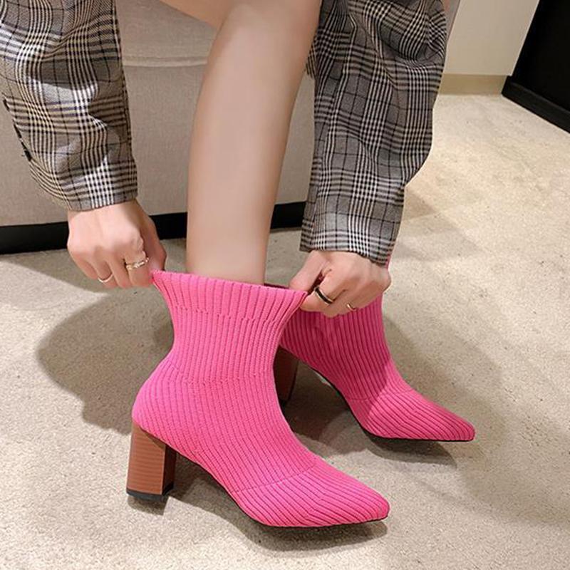 Вязаные ботильоны для женщин весна осень мода готика эластичные носки туфли-лодочки сапоги на высоком каблуке сексуальные платья сапоги женские