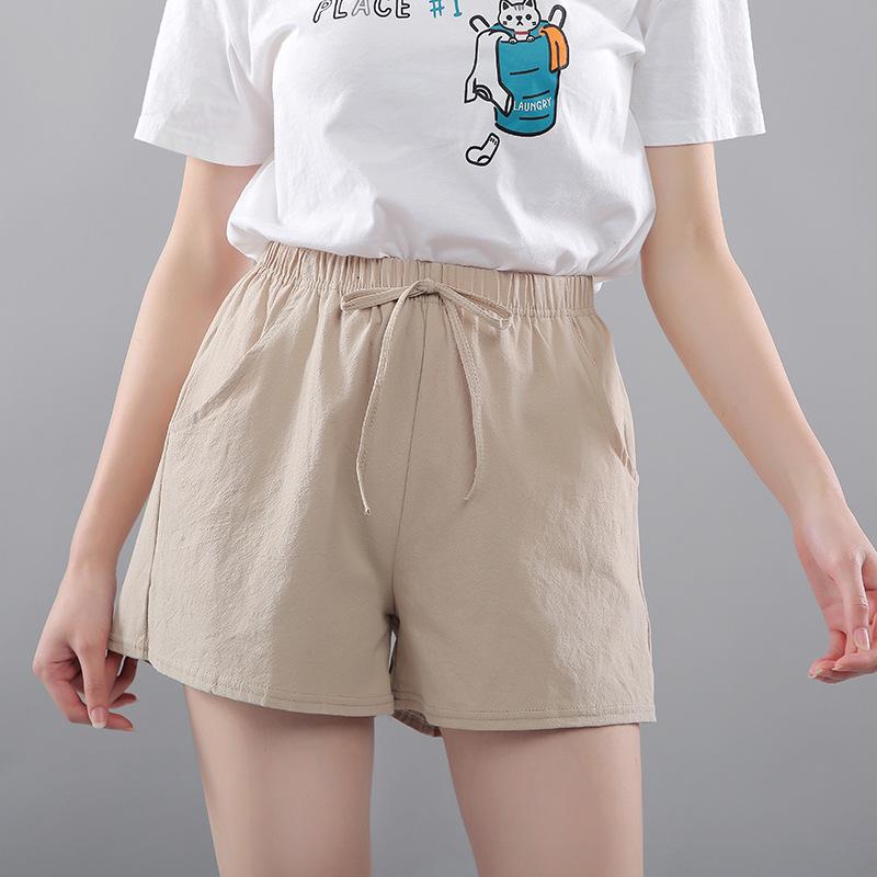 Washed Cotton Solid Color Women's Loose Wide-Leg Elastic Waist Casual Shorts