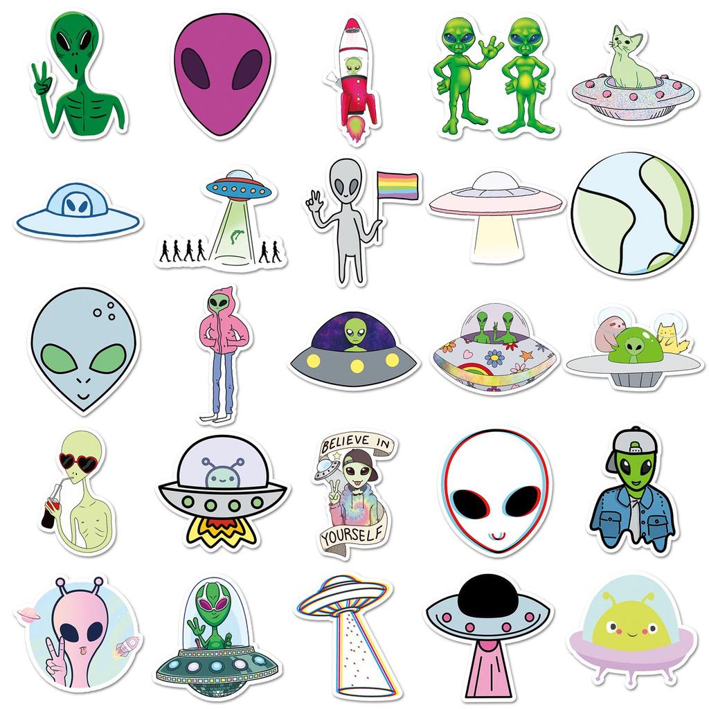 50 Alien-Themed Waterproof Stickers for Suitcases, Skateboards, Scooters, Tablets, and Cars